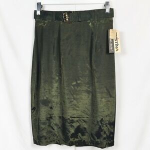 VTG Cristina 90s Iridescent Olive Green Belted Pencil Skirt High Waist 13/14 NWT